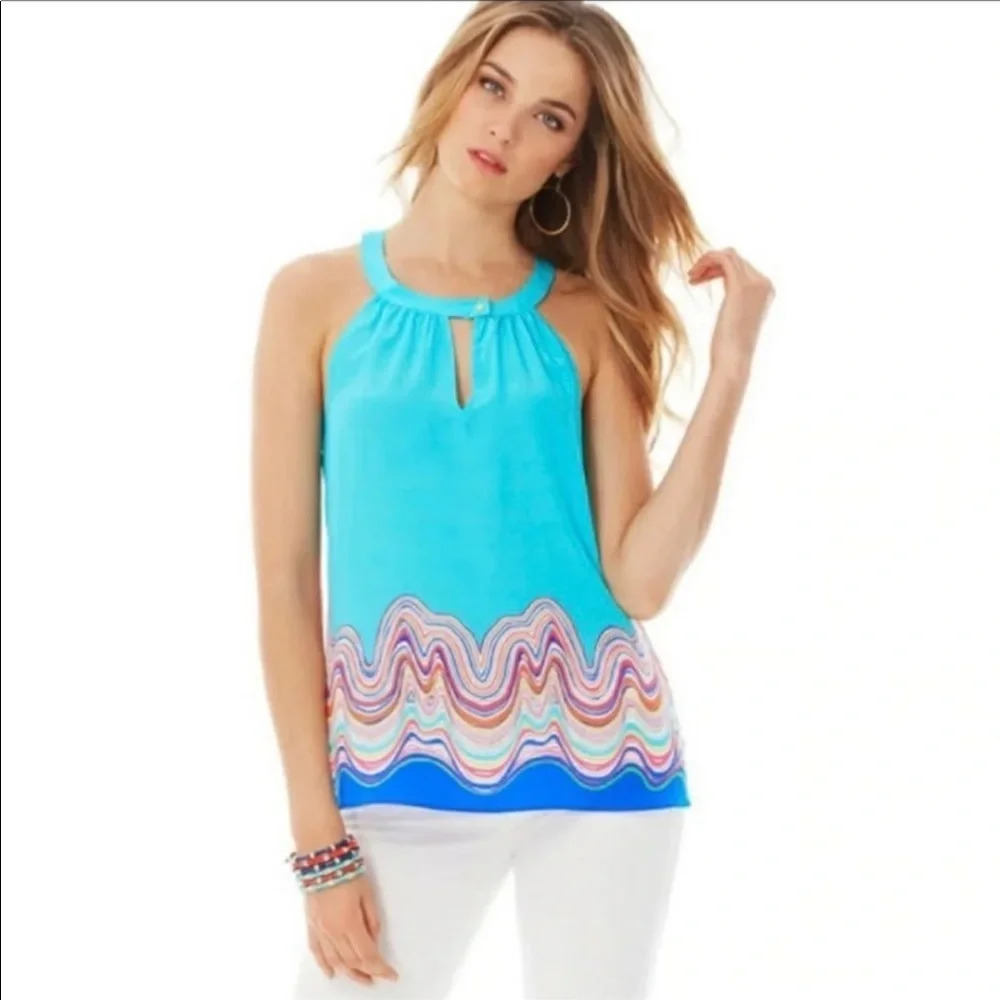 Lilly Pulitzer Rogan silk patterned halter top rainbow colorful aqua 5117